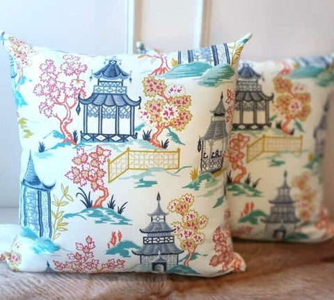 Pagoda Chinoiserie Style Pillow Covers White Coral Blue